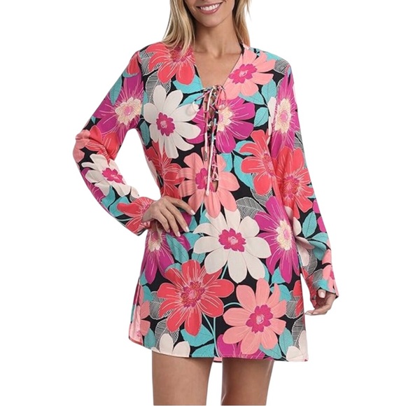 La Blanca Other - La Blanca Floral Lace Up Front In Full Bloom V-Neck Tunic Swim Cover Up XS